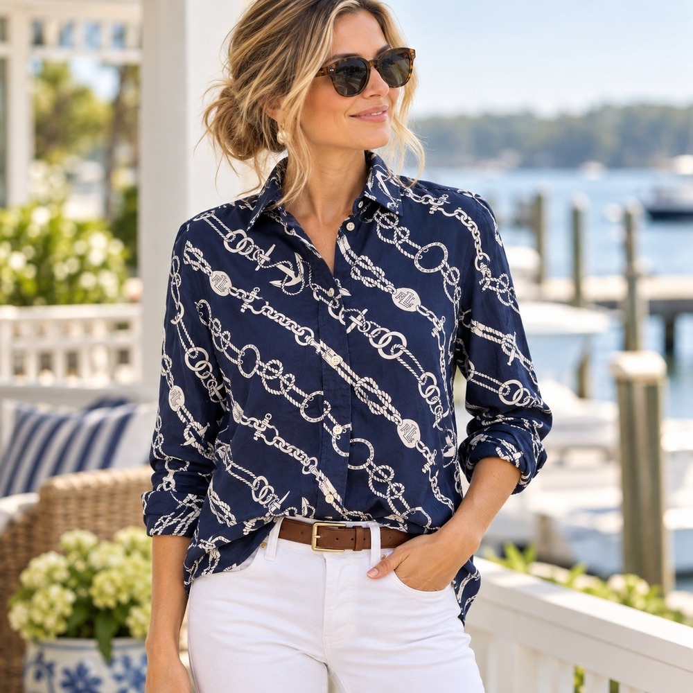 Lauren Ralph Lauren Button Down Shirt Nautical Rope Chain Print Navy Women's M